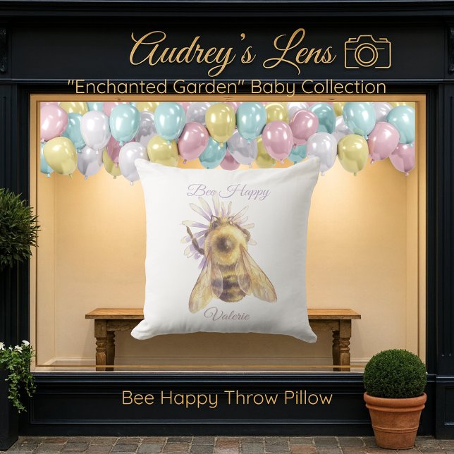 Whimsical Bumblebee & Wildflowers "Bee Happy" Kissen (Von Creator hochgeladen)