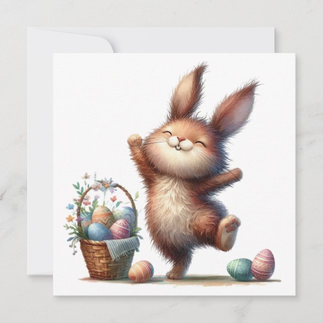 Whimsical Bunny and Basket of Eggs Easter Greeting Karte (Vorderseite)