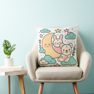  Whimsical Bunny and Bear Moon Decorative Pillow Kissen