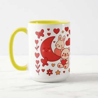 Whimsical Bunny and Bear Moon Heart Ceramic Mug Tasse