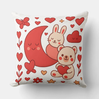 Whimsical Bunny and Bear Moon Heart Throw Pillow Kissen
