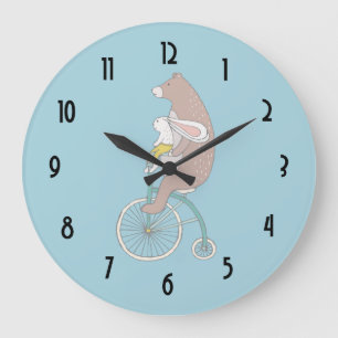 Whimsical Bunny and Bear Riding a Bike Große Wanduhr
