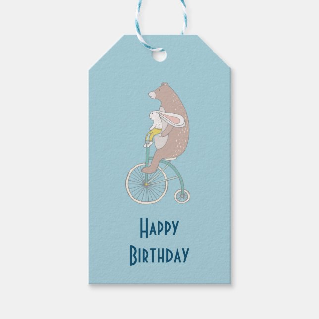 Whimsical Bunny and Bear Riding Together Geburtsta Geschenkanhänger (Vorderseite)
