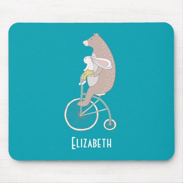 Whimsical Bunny and Bear Riding Together Mousepad (Vorne)