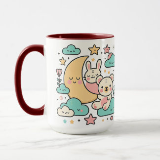 Whimsical Bunny and Bear Under Moon Illustration Tasse