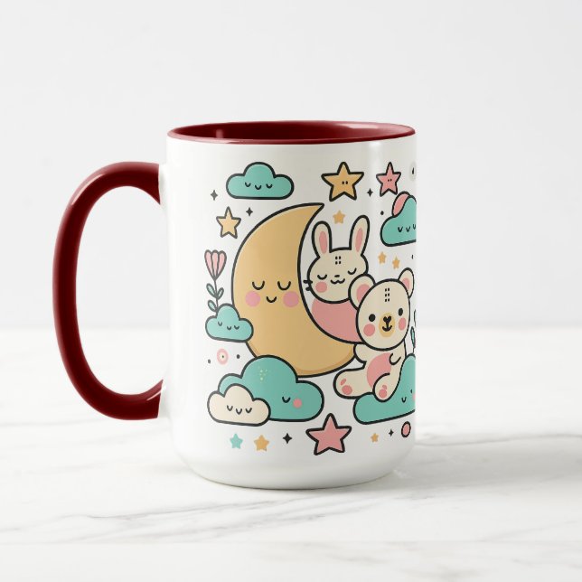 Whimsical Bunny and Bear Under Moon Illustration Tasse (Links)