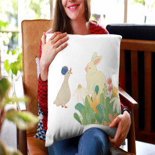Whimsical Bunny & Bird in Bloom - Niedlicher Frühl Kissen