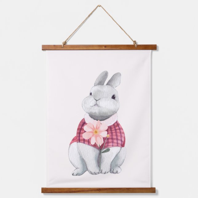 Whimsical Bunny Blume Holz Kinderzimmer Dekoration Wandteppich Mit Holzrahmen (Vorderseite)