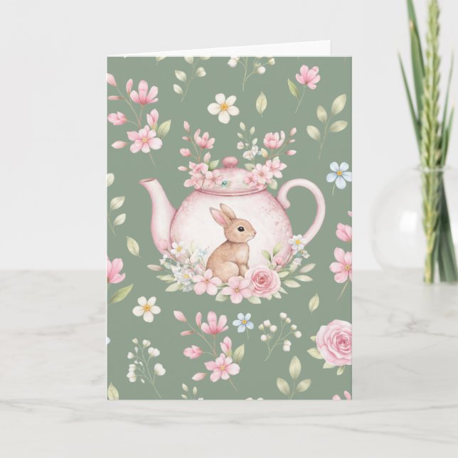 Whimsical Bunny Green Teapot Floral Easter  Karte (Vorderseite)