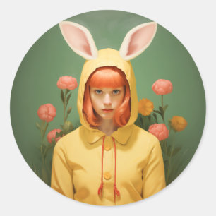 Whimsical Bunny Hooded Girl Runder Aufkleber