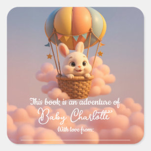 Whimsical Bunny in Hot Air Balloon Baby Dusche Quadratischer Aufkleber