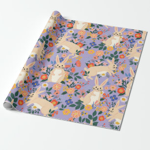 Whimsical Bunny & Lavendel Blumen Volkskunst Geschenkpapier