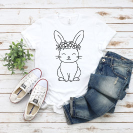 Whimsical Bunny mit floraler Krone Linienkunst  T-Shirt