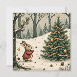Whimsical Bunny mit Weihnachtsbaum im Wald Flat Feiertagskarte