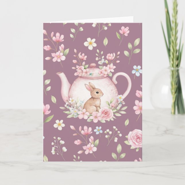 Whimsical Bunny Pink Teapot Floral Easter  Karte (Vorderseite)