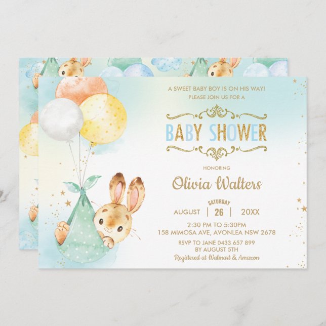 Whimsical Bunny Rabbit Balloons Baby Shower Boy Einladung (Vorne/Hinten)