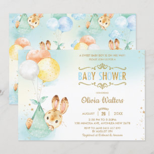 Whimsical Bunny Rabbit Balloons Baby Shower Boy Einladung