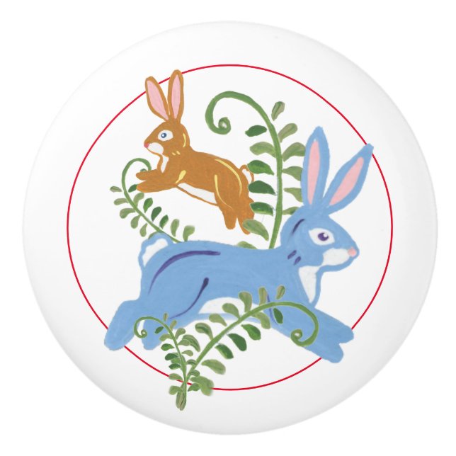 Whimsical Bunny Rabbit Folk Rustikales Kinderzimme Keramikknauf (Vorderseite)