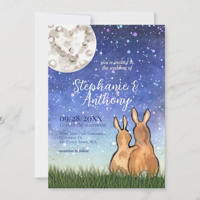 Whimsical Bunny Rabbit Moon Stars Einzigartige Hoc Einladung (Vorderseite)