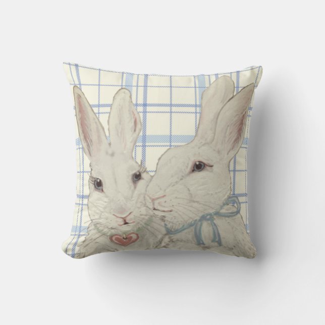 Whimsical Bunny Rabbits Blaues Kariertes Ostern Kissen (Vorderseite)