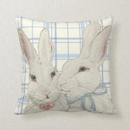 Whimsical Bunny Rabbits Blaues Kariertes Ostern Kissen