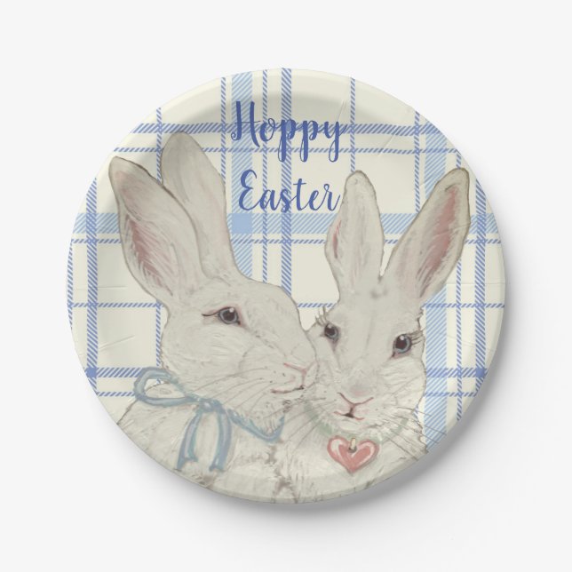 Whimsical Bunny Rabbits Blaues Kariertes Ostern Pappteller (Vorderseite)