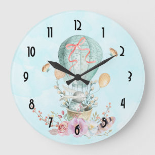 Whimsical Bunny Riding in a Hot Air Balloon Große Wanduhr