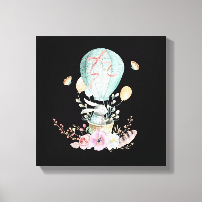 Whimsical Bunny Riding in a Hot Air Balloon Leinwanddruck (Vorderseite)