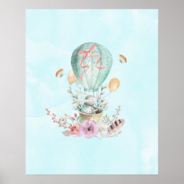 Whimsical Bunny Riding in einem Heißluftballon Poster (Vorne)