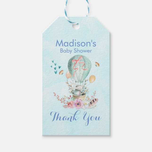 Whimsical Bunny Riding in einer Heißluftballon-Dus Geschenkanhänger (Vorderseite)