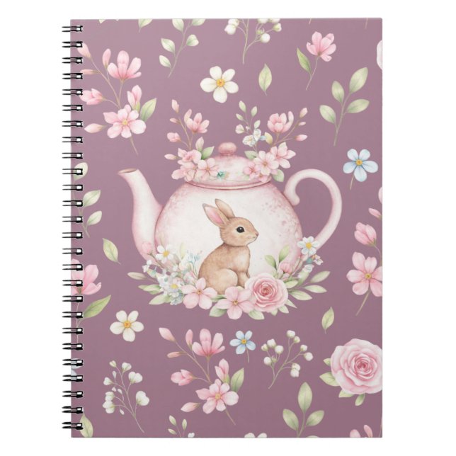 Whimsical Bunny Teapot Floral Spring Notebook Notizblock (Vorderseite)