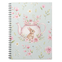 Whimsical Bunny Teapot Floral Spring Notebook Notizblock