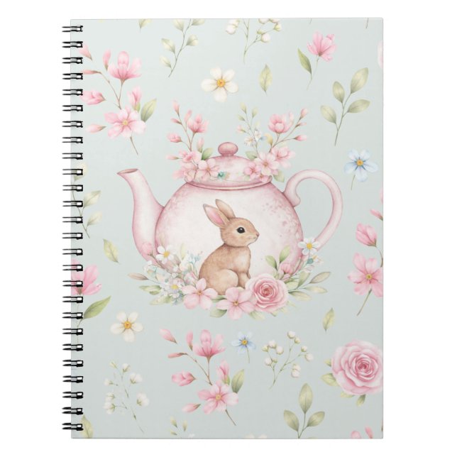 Whimsical Bunny Teapot Floral Spring Notebook Notizblock (Vorderseite)