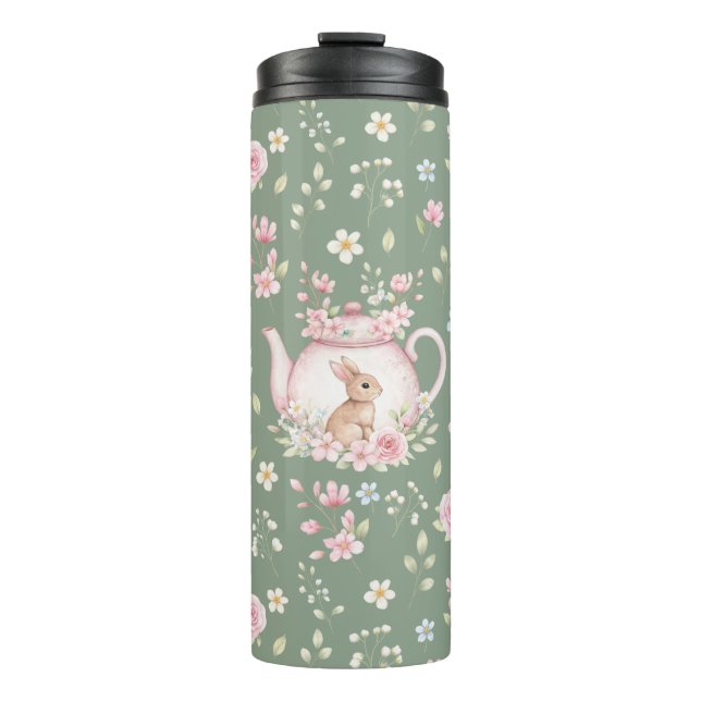 Whimsical Bunny Teapot Floral Spring  Thermosbecher (Vorderseite)