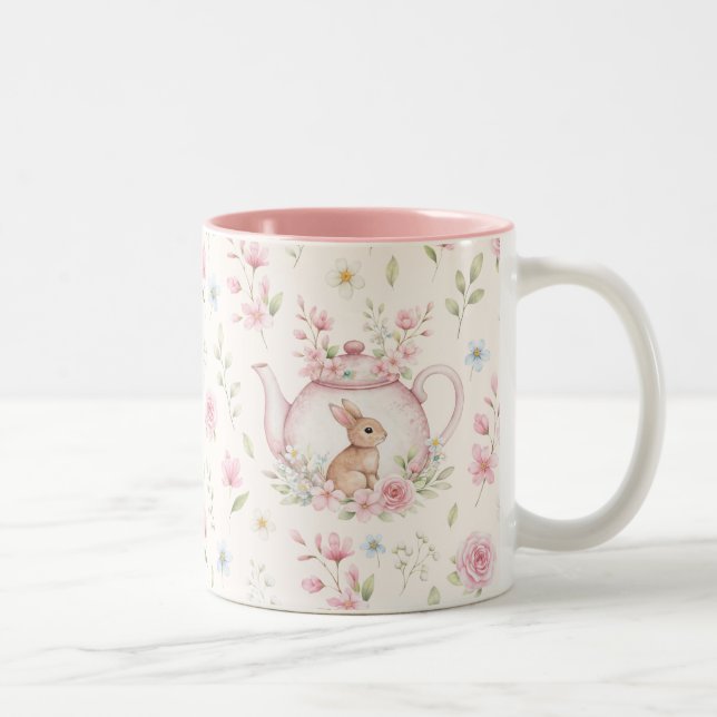 Whimsical Bunny Teapot Floral Spring  Zweifarbige Tasse (Rechts)