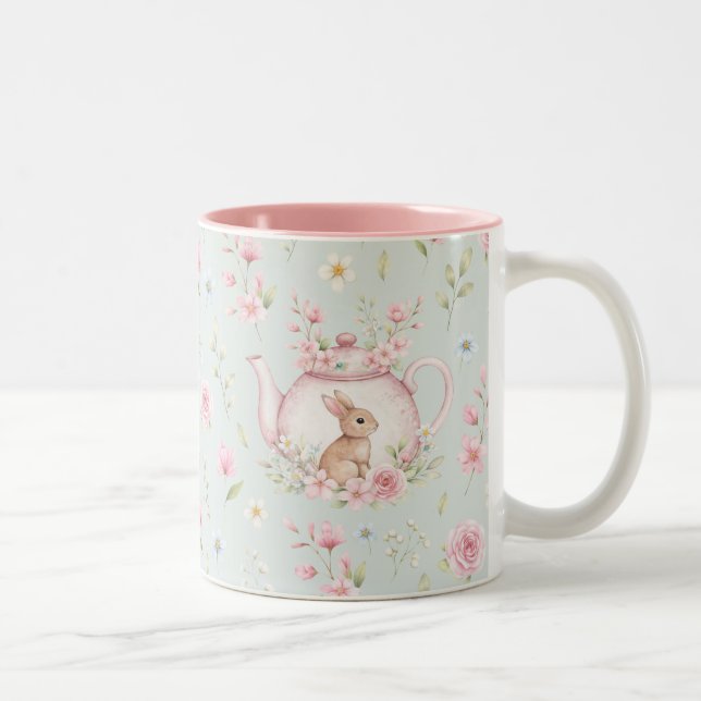 Whimsical Bunny Teapot Floral Spring  Zweifarbige Tasse (Rechts)
