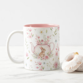 Whimsical Bunny Teapot Floral Spring Zweifarbige Tasse