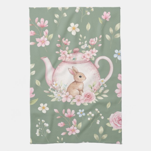 Whimsical Bunny Teekanne Floral Frühling  Geschirrtuch (Vertikal)