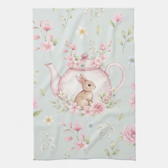 Whimsical Bunny Teekanne Floral Frühling  Geschirrtuch (Vertikal)