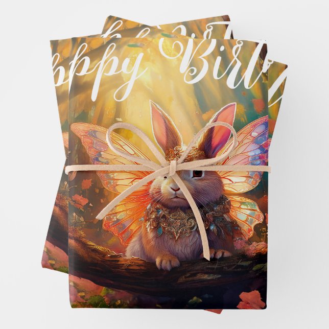 Whimsical Bunny verzaubert Wald glücklich Geburtst Geschenkpapier Set (Beispiel)