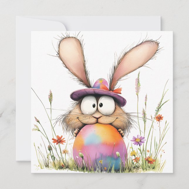 Whimsical Bunny with Decorated Egg Easter Greeting Karte (Vorderseite)