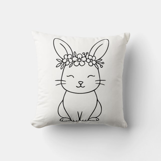 Whimsical Bunny with Floral Crown Line Art  Kissen (Vorderseite)