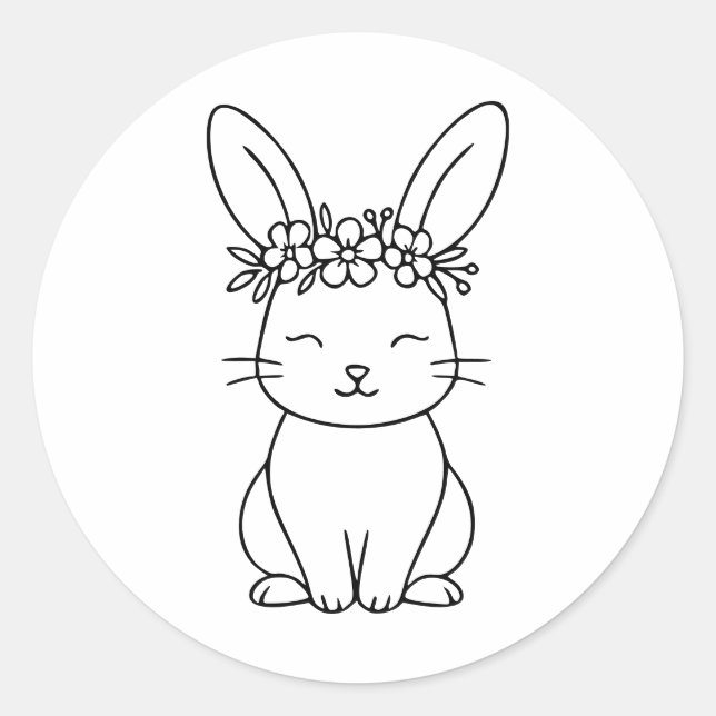 Whimsical Bunny with Floral Crown Line Art  Runder Aufkleber (Vorderseite)