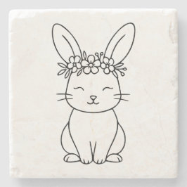 Whimsical Bunny with Floral Crown Line Art  Steinuntersetzer