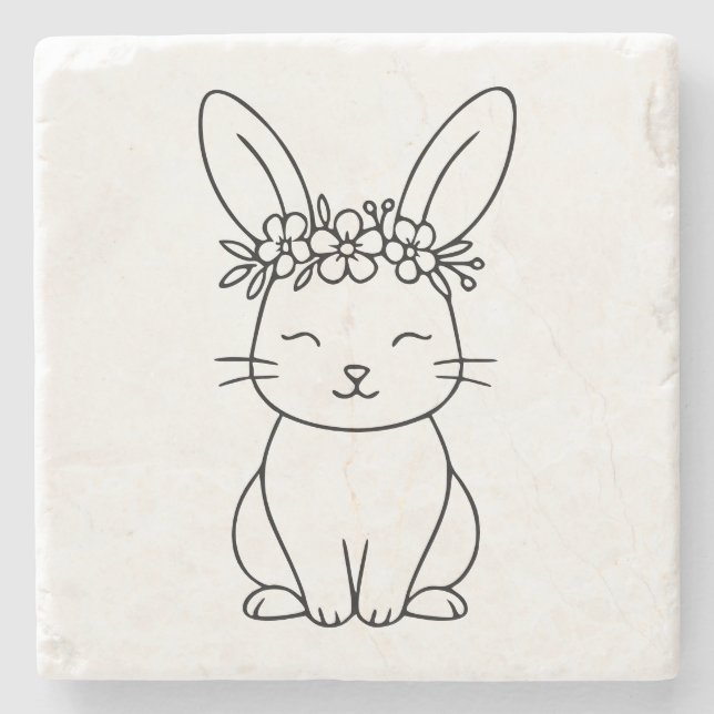 Whimsical Bunny with Floral Crown Line Art  Steinuntersetzer (Vorderseite)