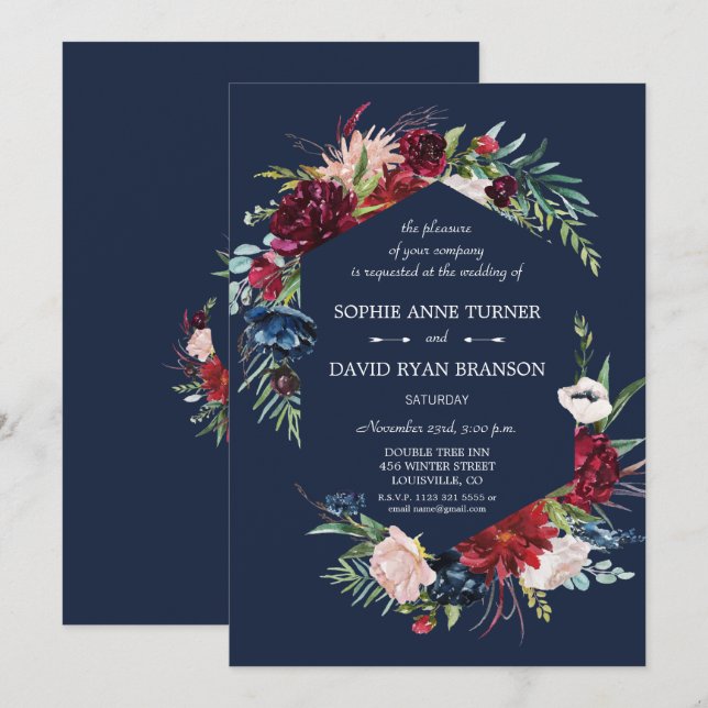 Whimsical Burgundy Blush Blume Navy Blue Wedding Einladung (Vorne/Hinten)