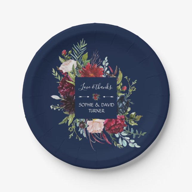 Whimsical Burgundy Blush Blume Navy Blue Wedding Pappteller (Vorderseite)