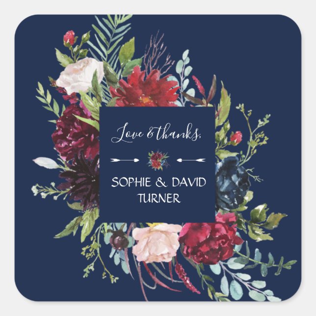 Whimsical Burgundy Blush Blume Navy Blue Wedding Quadratischer Aufkleber (Vorderseite)