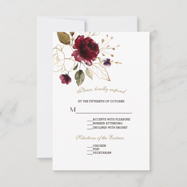 Whimsical Burgundy Gold Blume Hochzeit RSVP (Vorderseite)