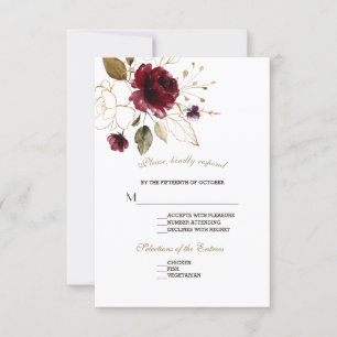 Whimsical Burgundy Gold Blume Hochzeit RSVP Karte